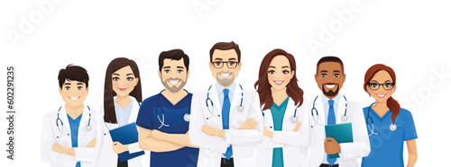 Multiethnic doctor team group with leader isolated vector illustration