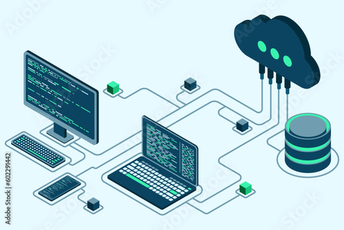Cloud technology computing concept. Modern cloud technology. Data center isometric concept. Isometric cloud technology with datacenter. Web hosting concept. Vector illustration
