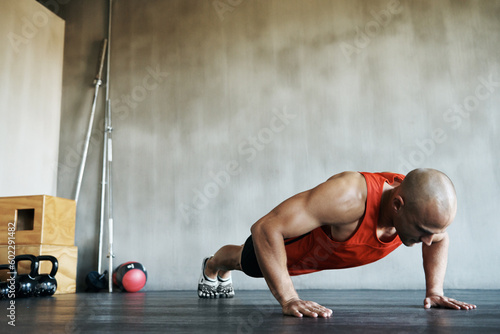 Konstfotografi Workout, muscular and man doing gym studio push up for exercise, health performance and sports training for muscle building