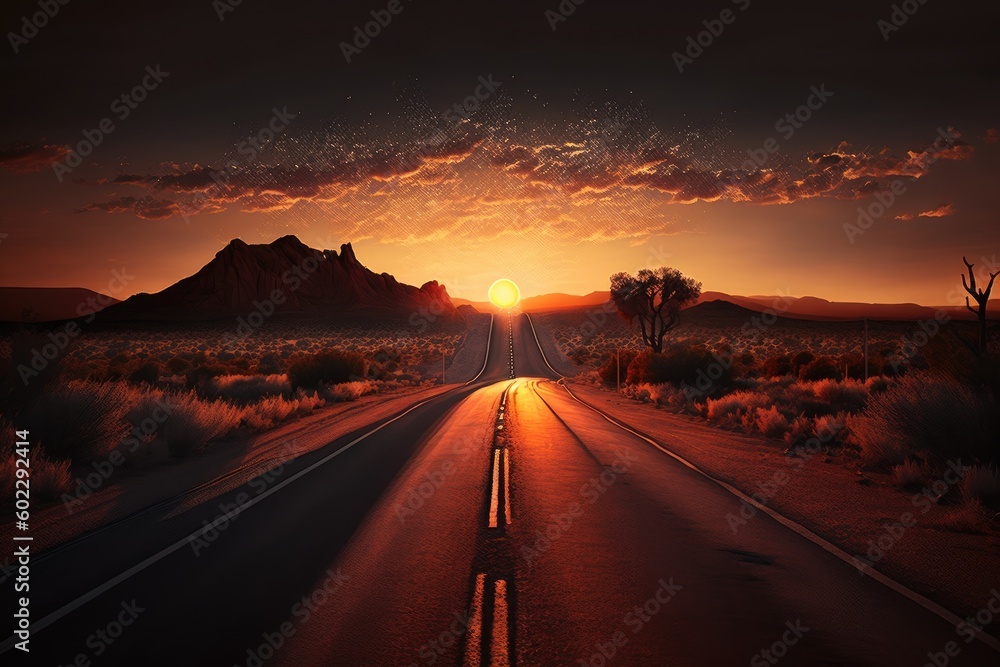 Road in the desert at sunset