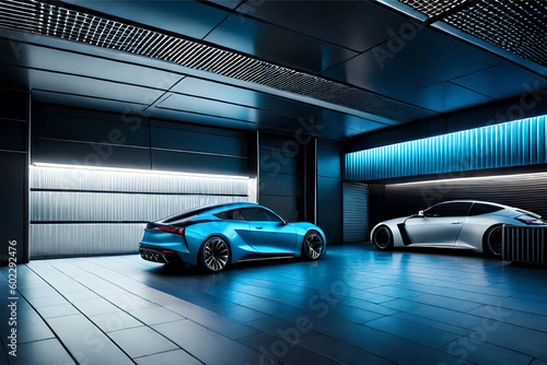 Exterior design of a futuristic garage with a sci-fi vibe and futuristic electric car featuring metallic walls, neon lighting, and cutting-edge technology to showcase modern sports car   Generative AI © DesignDynasty
