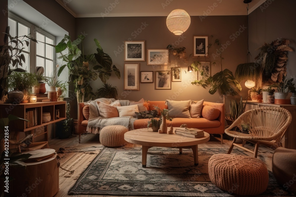 Interior of living room with armchairs, sofa and plants.. Generative AI Interior of living room with armchairs, sofa and plants.. Generative AI