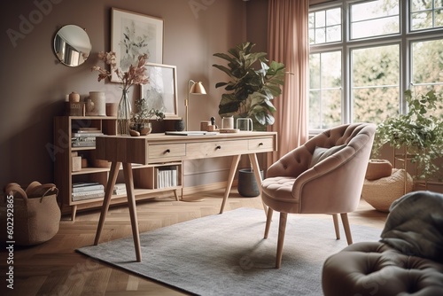 Modern living room interior with armchair, bookshelf, coffee table, plant and mirror.. Generative AI © 22Imagesstudio