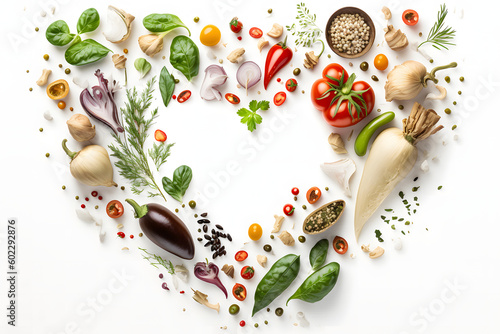 Fresh variety vegetables spices and herbs heart frame, blank Place for text on white background