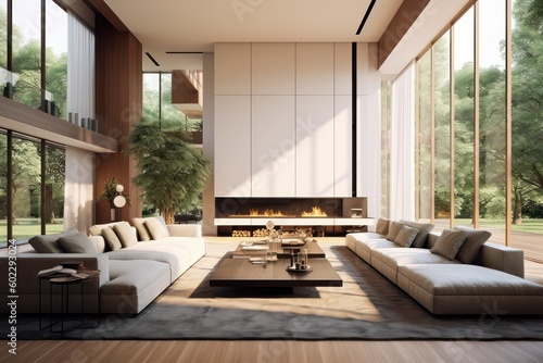 Luxurious Living Room Showcasing Contemporary Design, Comfortable Furniture, fireplace and huge windows