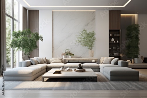 Close-Up Details of a Luxurious 3D Rendered Living Room, Revealing Contemporary Design and Sunlit Spaces