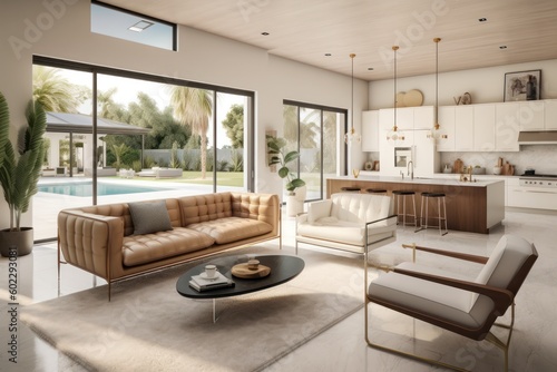 3D Rendered Spacious Living Room with Wide-Angle Perspective  Abundant Natural Light  and Modern Design Elements