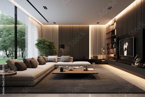 Sleek Designer Apartment Living Room with Contemporary Features and Elegant Loft-Style Atmosphere.