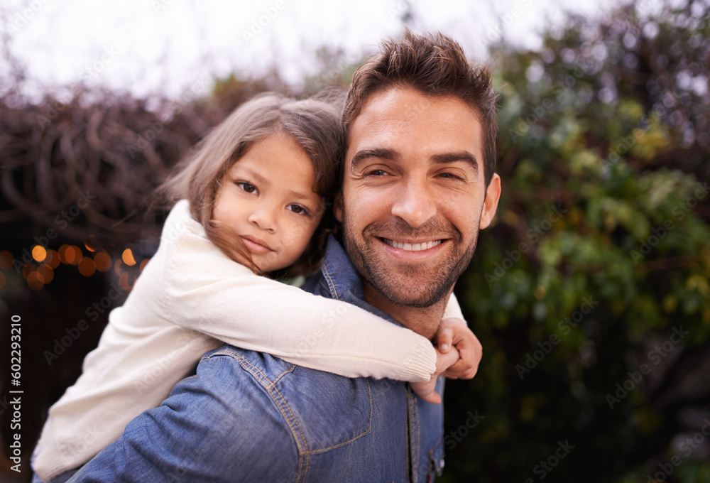 Happy, piggyback and hug with father and daughter in nature for bonding, family love and affectionate. Smile, relax and happiness with man carrying young child in park for support, weekend and care Happy, piggyback and hug with father and daughter in nature for bonding, family love and affectionate. Smile, relax and happiness with man carrying young child in park for support, weekend and care