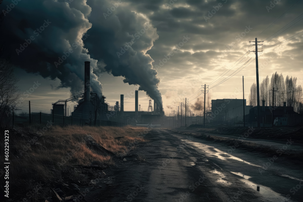The photo depicts a view of a gloomy, gray factory city with smoke rising from the chimneys, creating a bleak atmosphere. Generative AI, AI.
