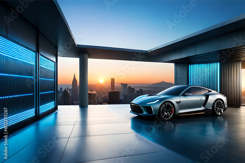 Exterior design of a futuristic garage with a sci-fi vibe and futuristic electric car featuring metallic walls, neon lighting, and cutting-edge technology to showcase modern sports car | Generative AI