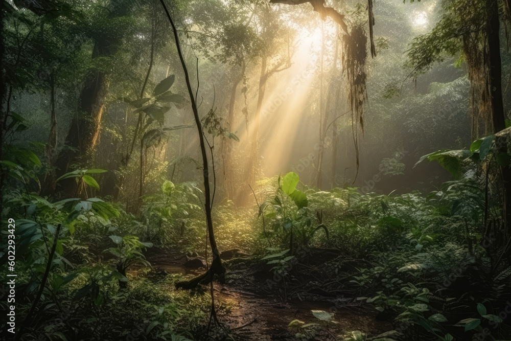 A beautiful forest at sunrise, with rays of golden light filtering through the trees, creating a serene and peaceful atmosphere. Generative AI, AI. A beautiful forest at sunrise, with rays of golden light filtering through the trees, creating a serene and peaceful atmosphere. Generative AI, AI.