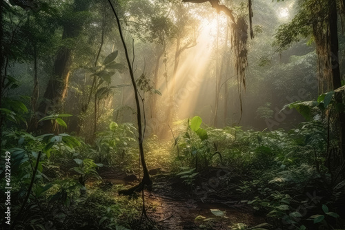 A beautiful forest at sunrise  with rays of golden light filtering through the trees  creating a serene and peaceful atmosphere. Generative AI  AI.