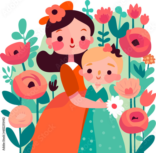 Cute Mother Daughter Hug Flowers