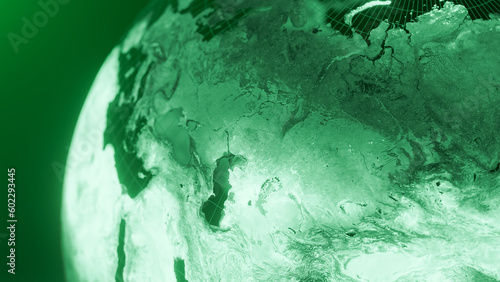 3D render of russia and europe globe map, Technology and Futuristic Green line glowing Earth Background