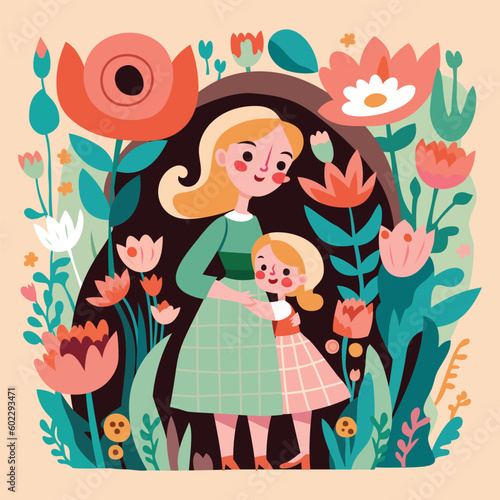 Cute Mother Daughter Hug Flowers