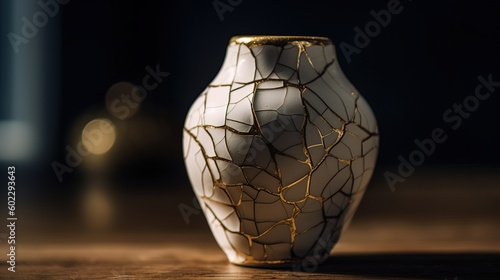 racked ceramic vase, repaired using the Japanese kintsugi technique. Generative AI photo
