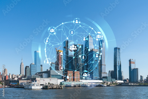 New York City skyline from New Jersey over the Hudson River towards the Hudson Yards at day. Manhattan, Midtown. Social media hologram. Concept of networking and establishing new people connections
