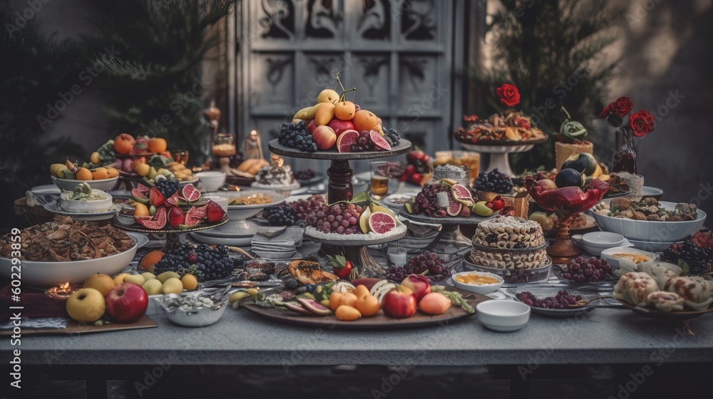 Dessert table with different fruits and berries. Selective focus.. Generative AI