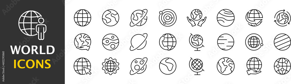Planet Earth. The Earth, World Map on white background. Map marker. Set of simple icons in silhouette Planet Earth. The Earth, World Map on white background. Map marker. Set of simple icons in silhouette