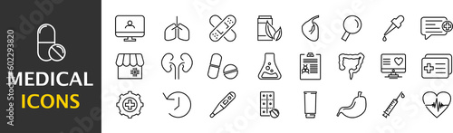 Set of outline icons about pharmacy, medicine. Simple symbols with black color contour