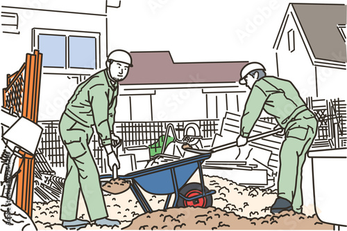 工事現場で作業をする作業服姿の男性達
