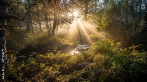 Foggy morning in the forest with sunbeams and rays. Generative AI