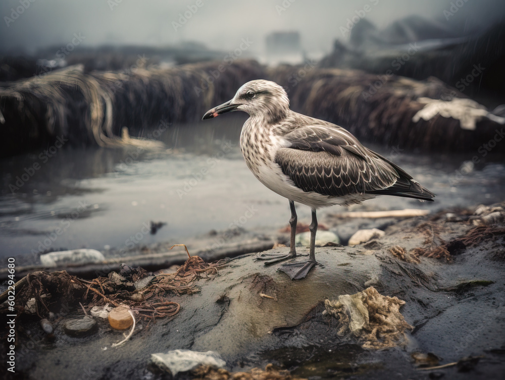 Lone seabird perched on a weathered piece of plastic amidst a polluted shoreline. The bird's somber gaze reflects the devastating effects of plastic pollution on wildlife and their habitats. Lone seabird perched on a weathered piece of plastic amidst a polluted shoreline. The bird's somber gaze reflects the devastating effects of plastic pollution on wildlife and their habitats.