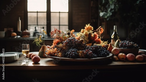 Autumn still life with fruits and wine in a rustic style. Generative AI