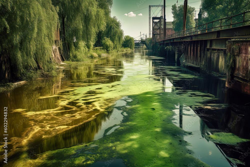 A powerful photojournalistic image reveals a river polluted with toxic waste, its vibrant waters turned a sickly shade of green.