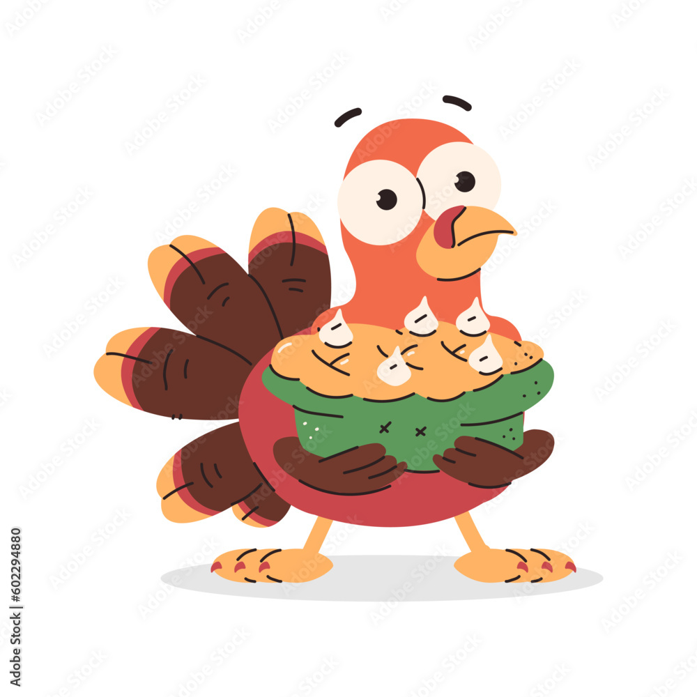 Obraz premium Cute cartoon turkey with pumpkin pie vector Thanksgiving character isolated on a white background.