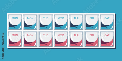 Organizer for pills. Medical box with tablet vector cartoon illustration isolated on background.