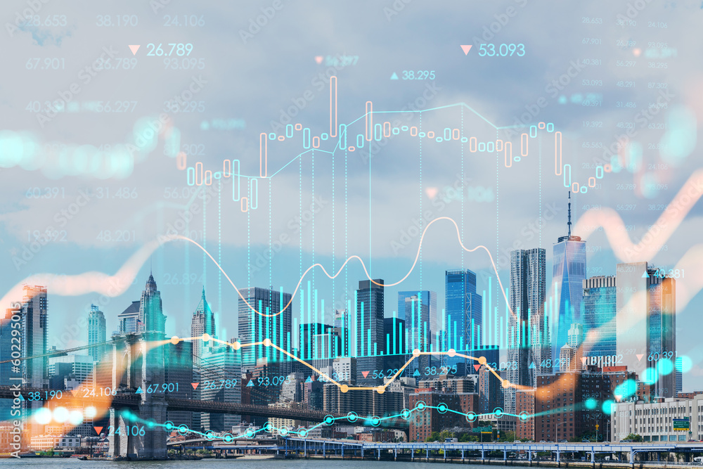 Brooklyn bridge with New York City Manhattan, financial downtown skyline panorama at day time over East River. Forex graph hologram. The concept of internet trading, brokerage and fundamental analysis - obrazy, fototapety, plakaty 