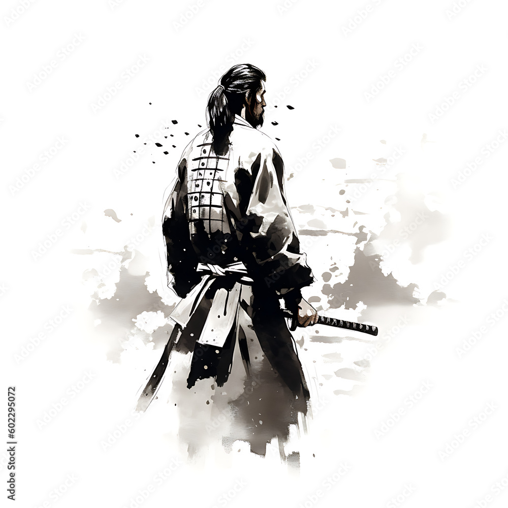 Samurai rough ink painting, black and white, white background, created ...