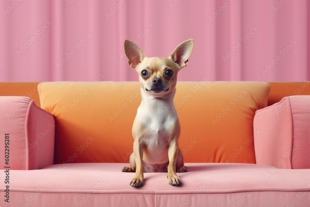 Chihuahua dog sits on pink couch, cute pet waiting on sofa in room, generative AI.
