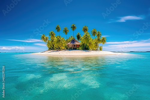 Small tropical island with hut and palms surrounded sea blue water, generative AI. photo