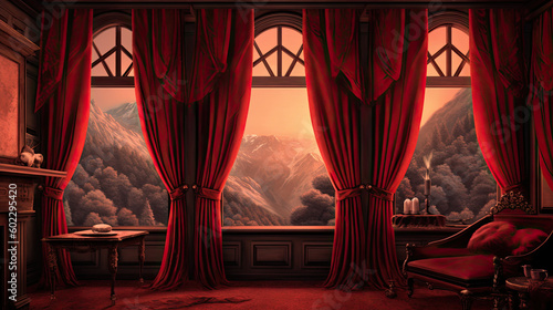 Snow-Capped Scenery Through Red Drapes