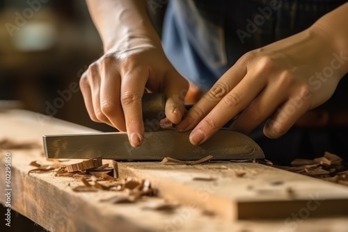 Carpenter working on a wood, female hands close up, workshop background. Generative AI