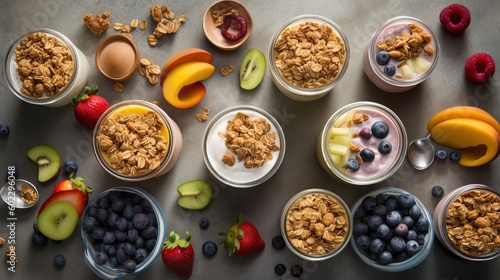 Healthy breakfast. Homemade granola with yogurt, fresh berries and fruits on grey background