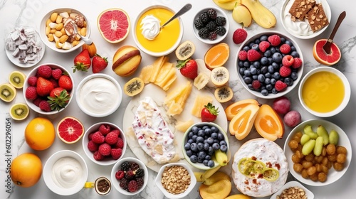 top view of fresh fruits, berries, and yogurts on table, healthy breakfast.