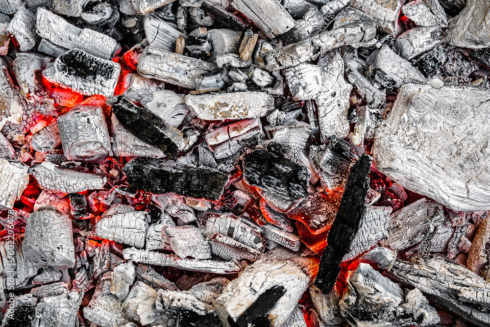 The texture of burning firewood and charcoal with the remnants of the heat. Ash after the fire. Light back. The texture of burning firewood and charcoal with the remnants of the heat. Ash after the fire. Light back.