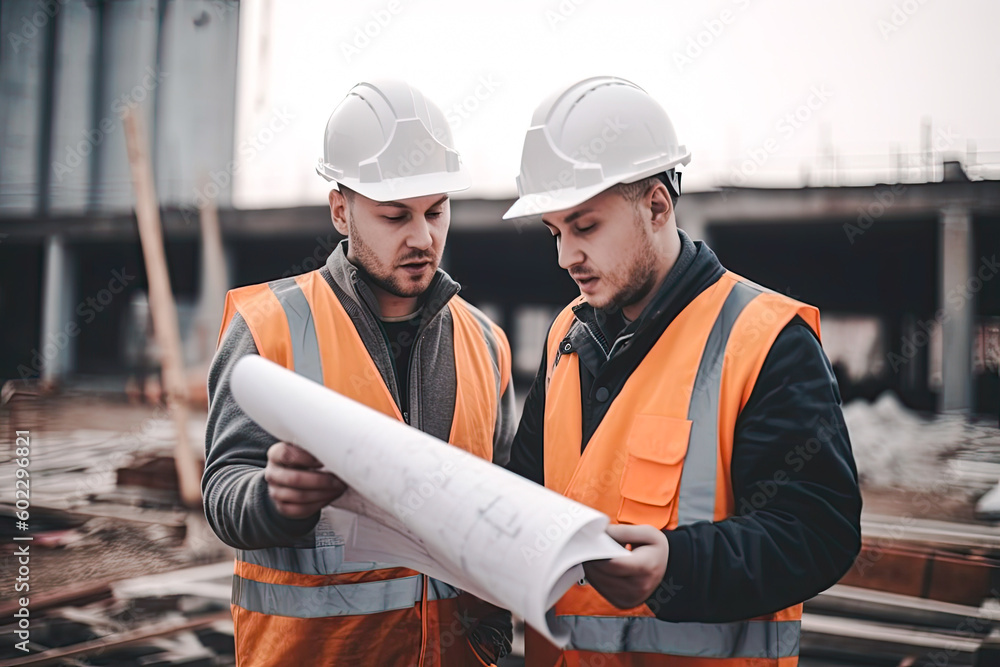 Two construction site workers discussing over blueprints of the building, generative ai Two construction site workers discussing over blueprints of the building, generative ai