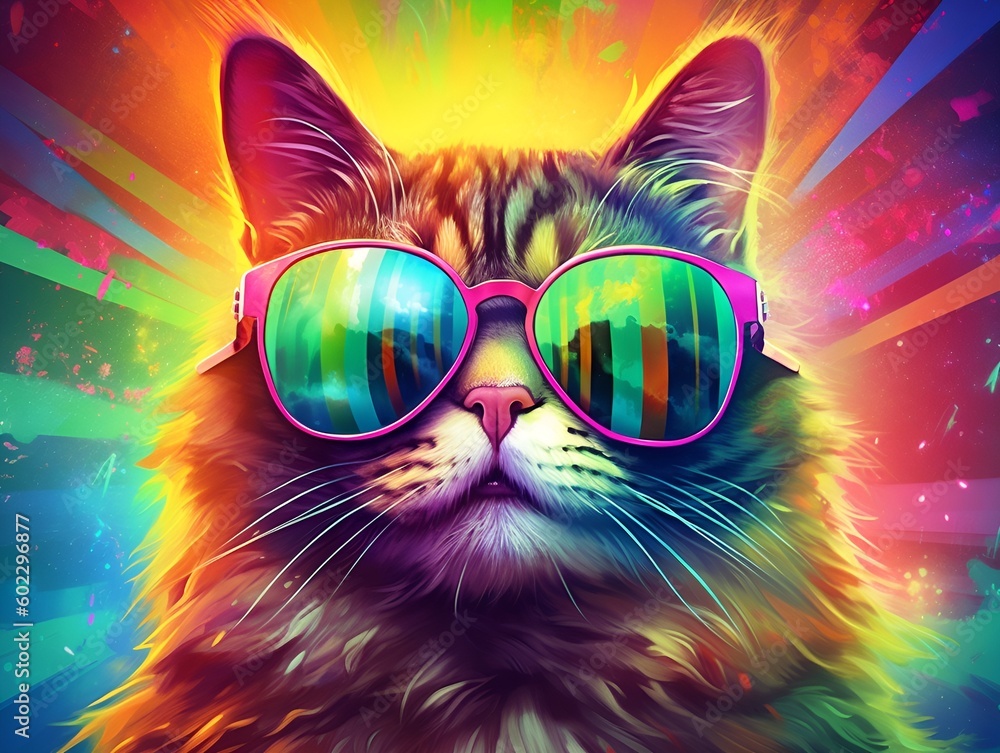 Fancy Cat wearing Sunglasses in Neon Lights (created with KI)