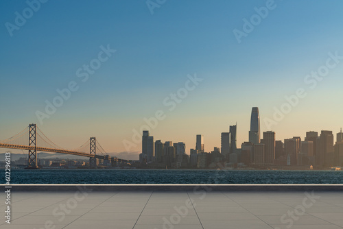 Skyscrapers Cityscape Downtown, San Francisco Skyline Buildings. Beautiful Real Estate. Sunset. Empty rooftop View. Success concept.