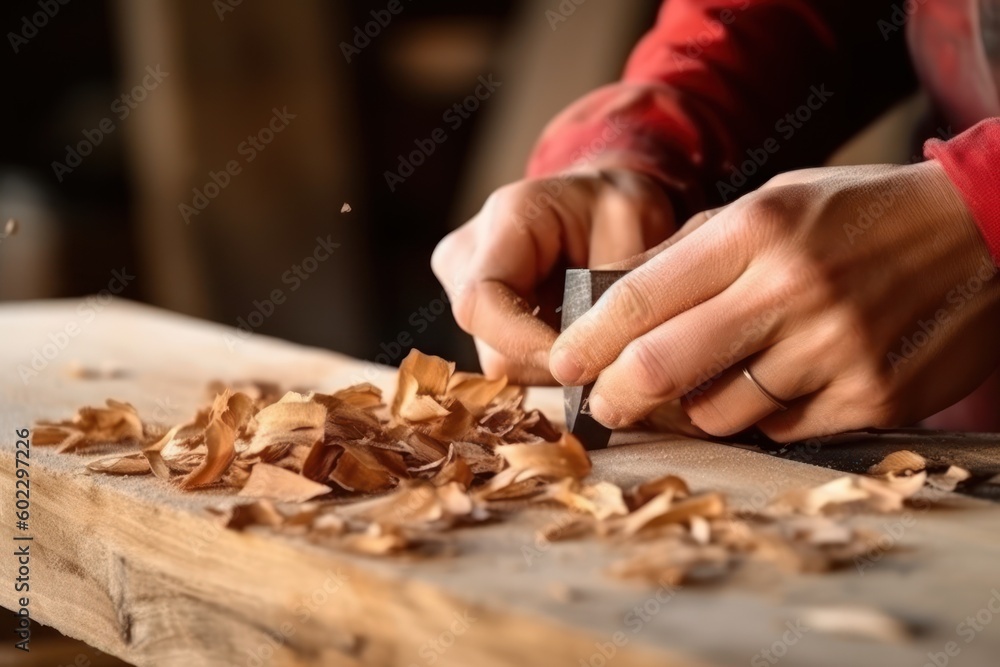 Carpenter working on a wood, female hands close up, workshop background. Generative AI