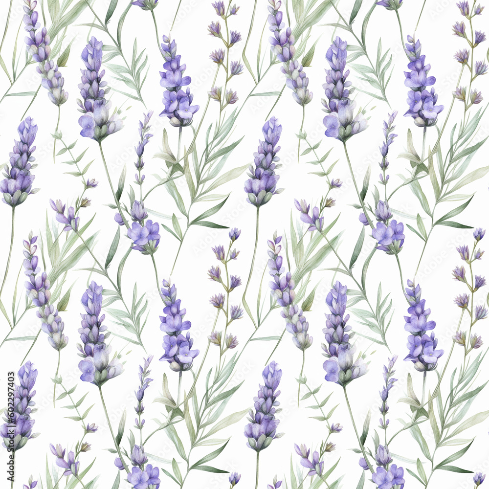 Seamless pattern with many lavender flowers on white background in watercolor style. Generative AI. - obrazy, fototapety, plakaty 