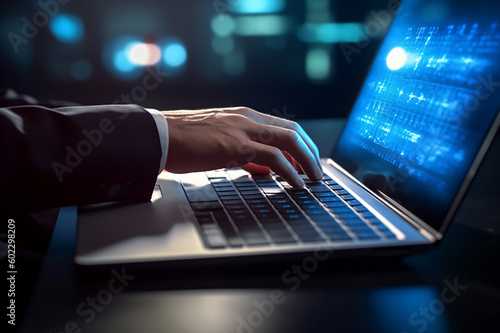 Businessman typing on keyboard laptop computer to input username and password for technology security system and prevent hacker concept