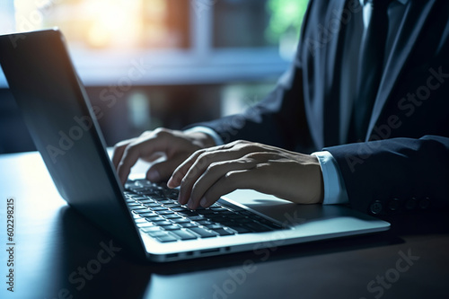 Businessman typing on keyboard laptop computer to input username and password for technology security system and prevent hacker concept