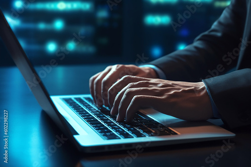 Businessman typing on keyboard laptop computer to input username and password for technology security system and prevent hacker concept