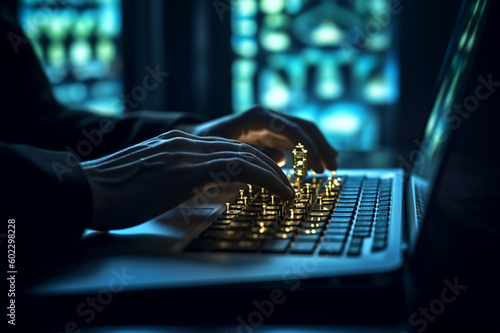 Businessman typing on keyboard laptop computer to input username and password for technology security system and prevent hacker concept